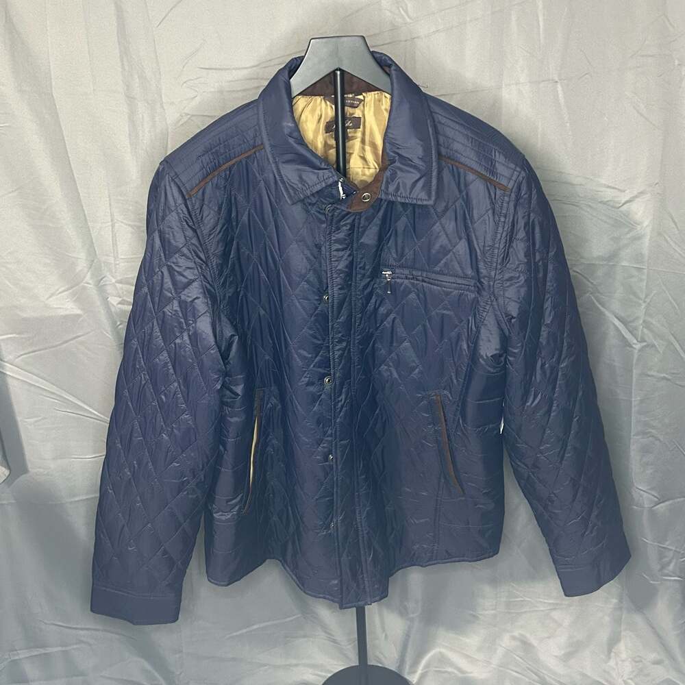 Tasso Elba Men's Navy Quilted Jacket with Brown Trim